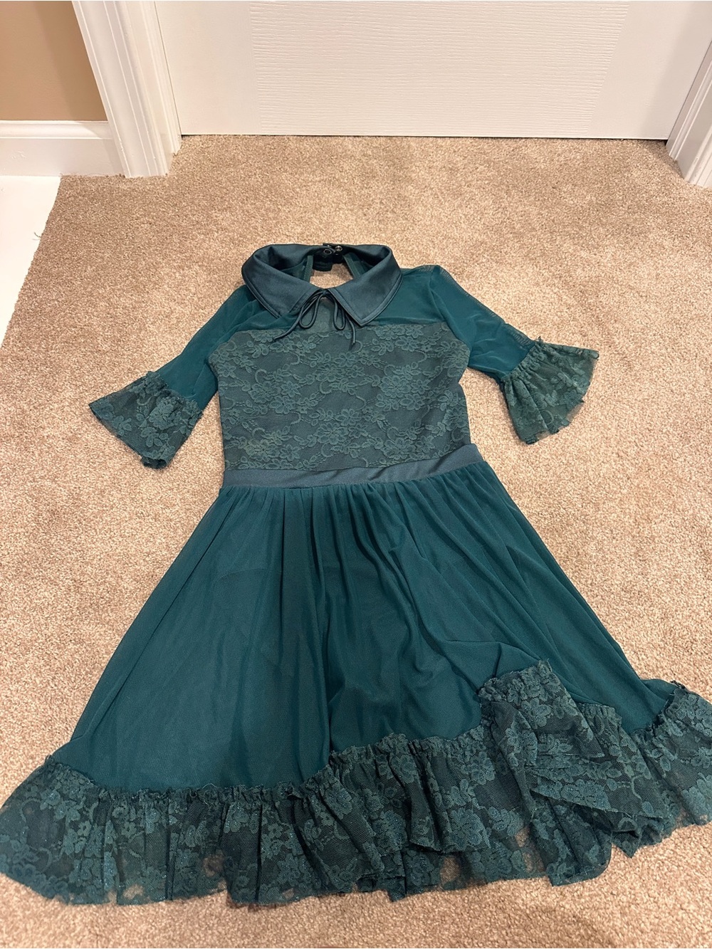 Weissman Teal Dress with Lace Trim